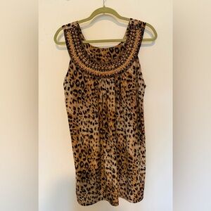 Leopard Print Sleeveless Dress/long top with Beaded Neckline